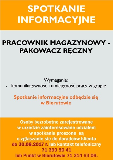 Plakat spotkanie informacyjne w Bierutowie w dniu 31.08.2017r.