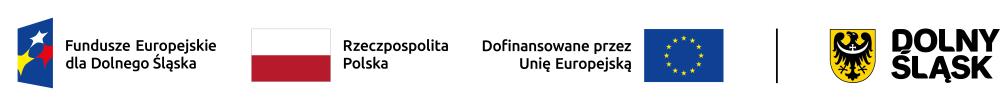 Logotyp zawierający po lewej logo Fundusze Europejskie dla Dolnego Śląska, obok napisu niebieski prostokąt z trzema gwiazdami w środku w kolorach, żółty, czerwony oraz biały. Po prawej stronie od pierwszego logo flaga Polski z opisem obok ,,Rzeczpospolita Polska", kolejno logo z napisem Dofinansowane przez Unię Europejską z flagą Unii Europejskiego, na końcu po prawej stronie Godło Dolnego Śląska z nazwą Województwa ,,Dolny Śląsk"