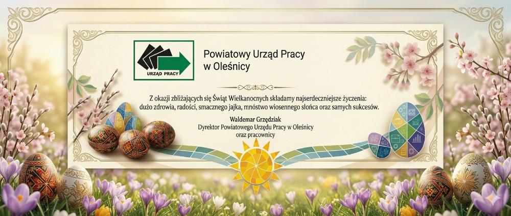 Wielkanocna kartka z życzeniami, z ozdobionymi jajkami, kwiatami i świąteczną wiadomością w języku polskim.